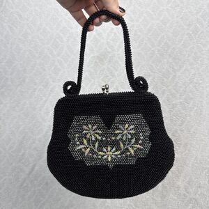Vtg Lumured Petite-Bead Hand Bag Purse Black Floral Retro 50s 60s Party Fairy